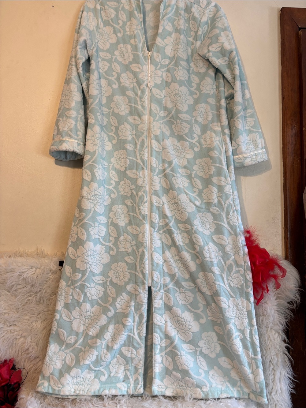 Charter Club Light Blue and White Floral Zip-Front Pajama Gown